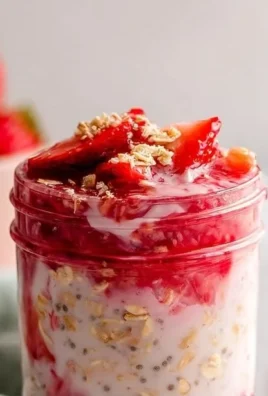 Bowl of strawberry rhubarb overnight oats topped with fresh fruit and nuts