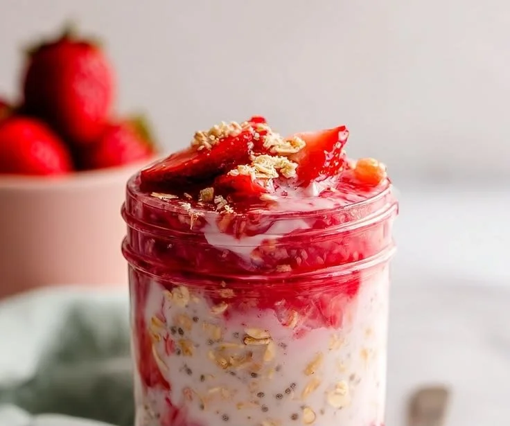 Bowl of strawberry rhubarb overnight oats topped with fresh fruit and nuts