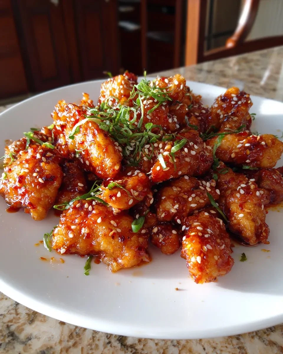 Delicious sweet chili chicken garnished with green onions on a plate