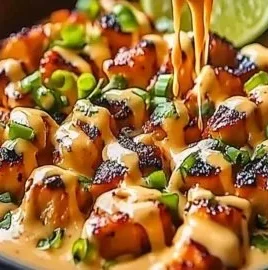 Sweet Chili Chicken Bowl topped with Coconut Lime Drizzle