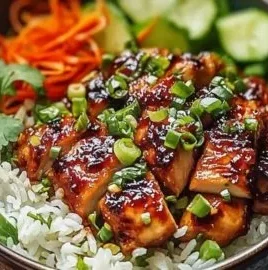 Delicious Sweet Chili Chicken Rice Bowl with chicken thighs and vegetables