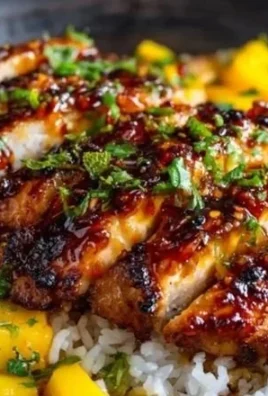 Deliciously glazed mango chicken twists garnished with fresh herbs.
