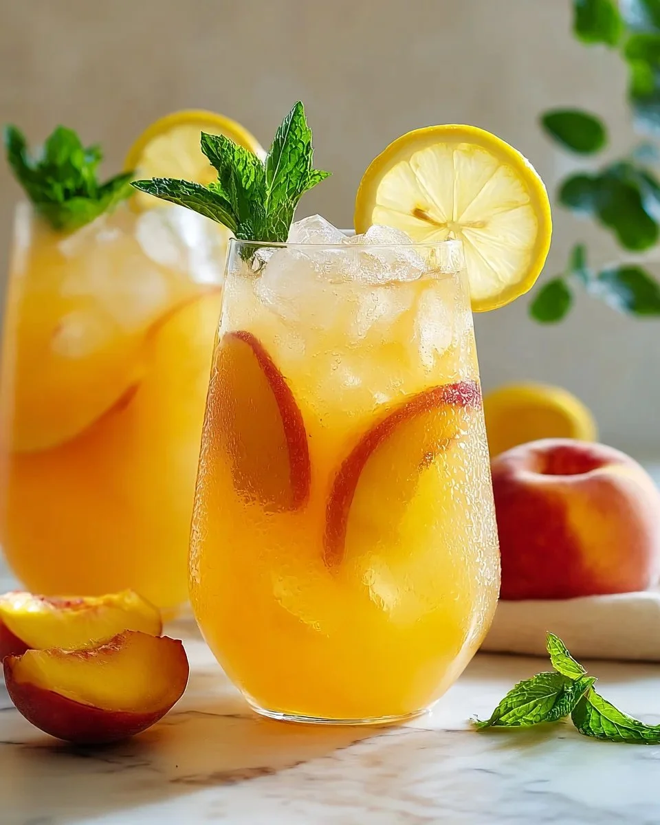 Sweet tart peach lemonade in a glass with fresh peaches and lemons.