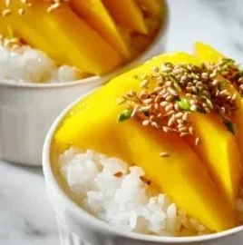 Thai mango sticky rice cups served with sliced mango and coconut sauce