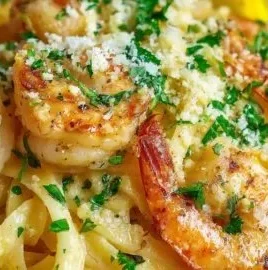 Delicious lemon butter garlic shrimp pasta served in a bowl with herbs.