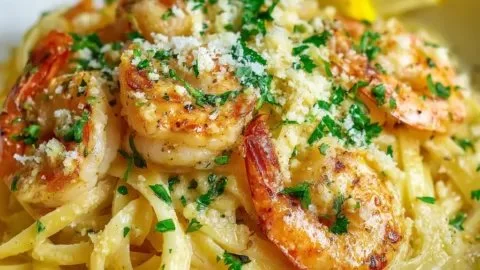 Delicious lemon butter garlic shrimp pasta served in a bowl with herbs.