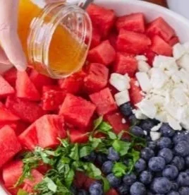 Delicious Watermelon Blueberry Feta Salad served in a bowl with fresh ingredients