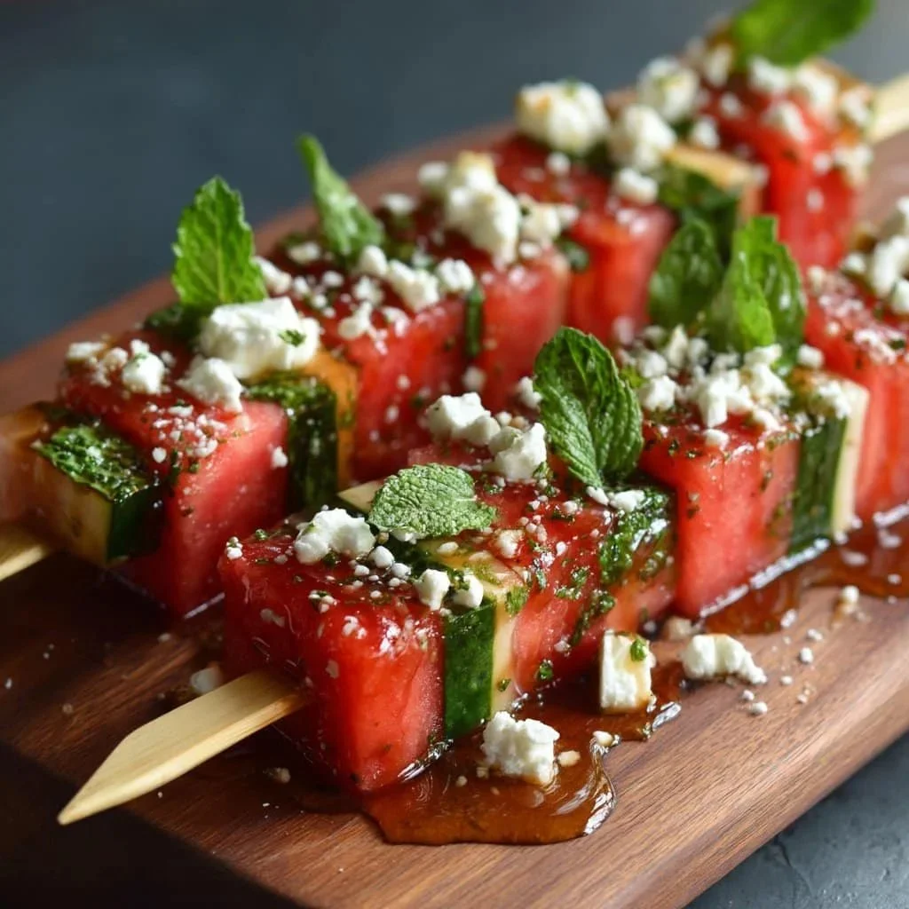Delicious watermelon skewers featuring feta cheese and mint leaves.
