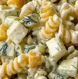 Bowl of zesty dill pickle pasta salad with fresh ingredients