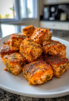 Plate of crispy Air Fryer Salmon Bites garnished with herbs.