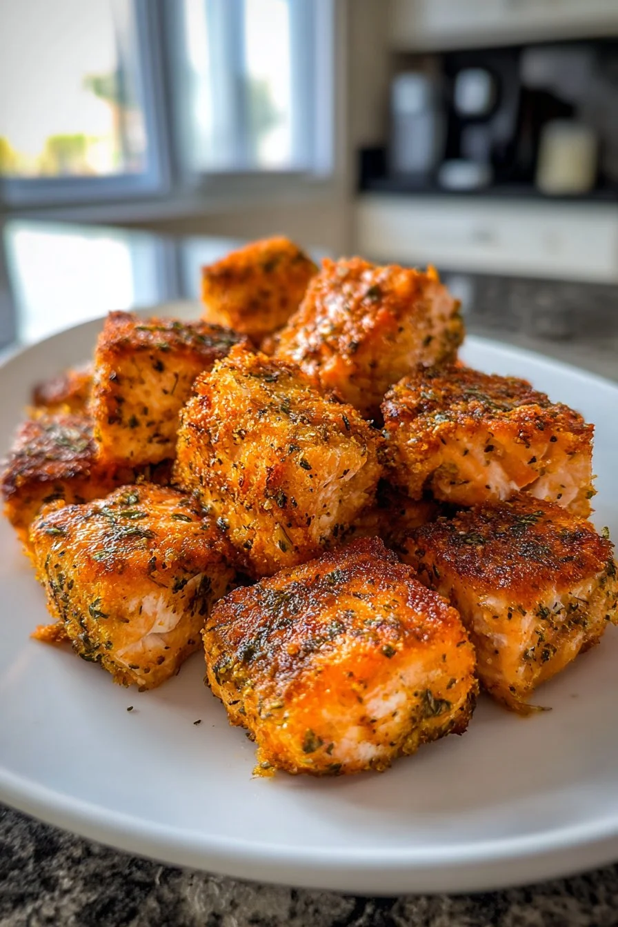 Plate of crispy Air Fryer Salmon Bites garnished with herbs.