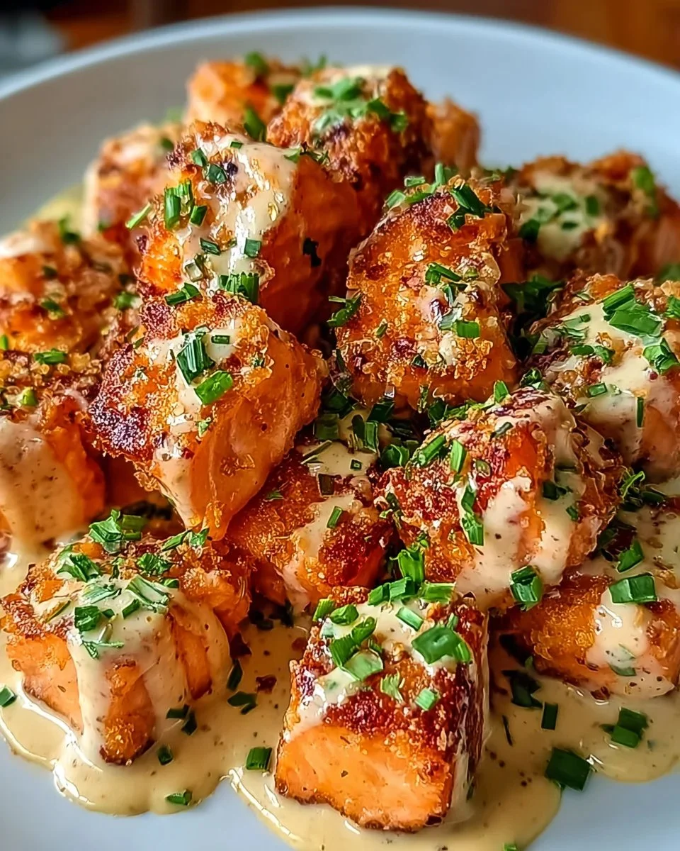 Crispy Bang Bang Salmon Bites served with a spicy dipping sauce