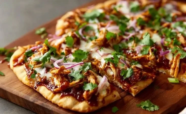 Delicious BBQ Chicken Flatbread topped with cheese and fresh herbs