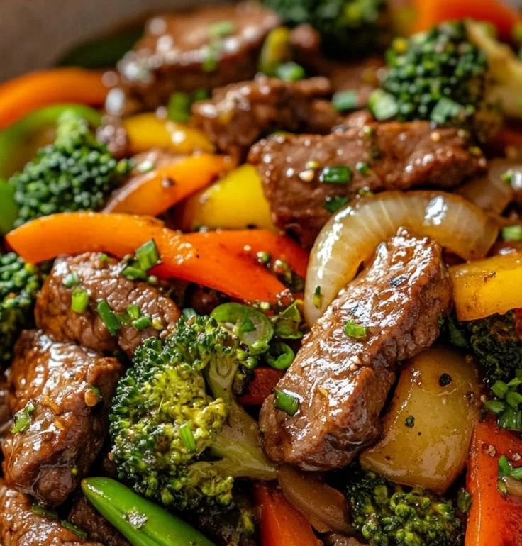 Beef stir fry with colorful vegetables on a serving plate