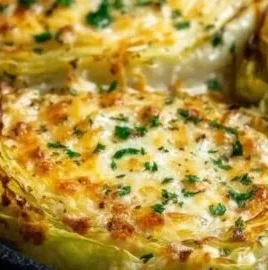 Cheesy baked cabbage steaks served on a plate with melted cheese on top