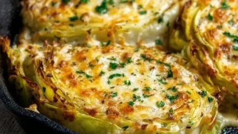 Cheesy baked cabbage steaks served on a plate with melted cheese on top
