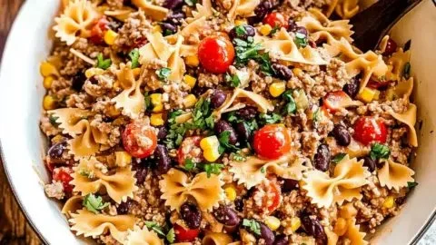 Creamy Cowboy Pasta Salad in a bowl, ideal for potlucks and gatherings.