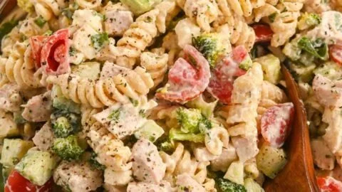 Creamy high-protein pasta salad with chicken served in a bowl