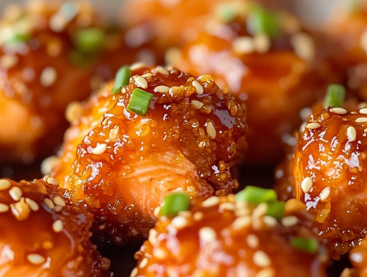 Crispy honey garlic salmon bites served on a plate, garnished with herbs.