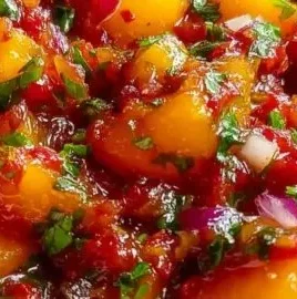 Bowl of delicious peach cherry salsa served with tortilla chips.
