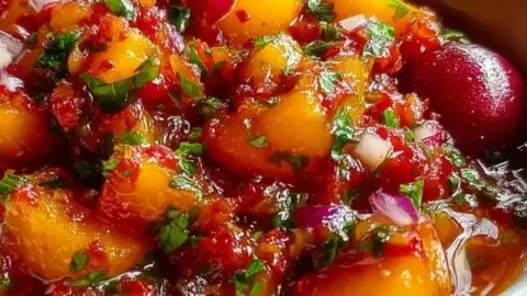Bowl of delicious peach cherry salsa served with tortilla chips.