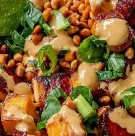 Delicious Thai Peanut Buddha Bowl with sweet potatoes and healthy toppings