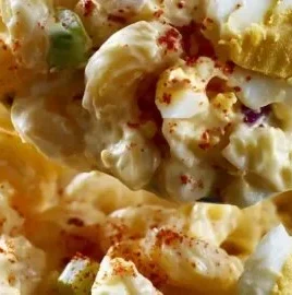 Creamy Deviled Egg Macaroni Salad in a bowl, ready for a picnic