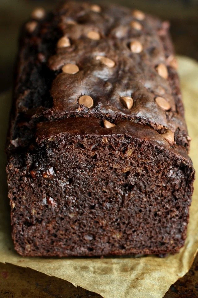 Double chocolate banana bread made with Greek yogurt for a moist, rich flavor.