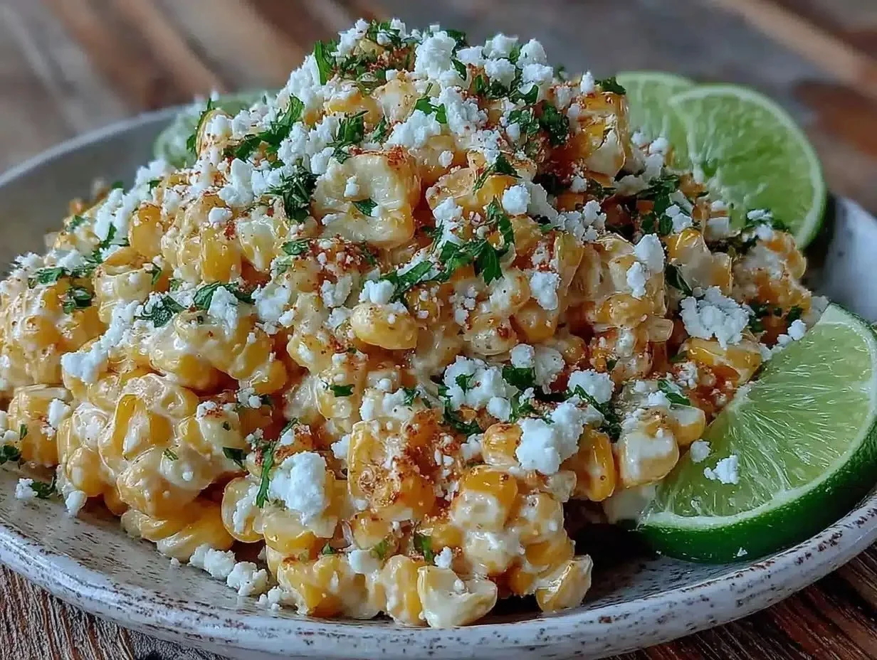 Delicious elote corn salad in a bowl, topped with cotija cheese and cilantro