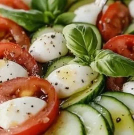 Refreshing cucumber caprese salad with mozzarella and basil for summer meals.