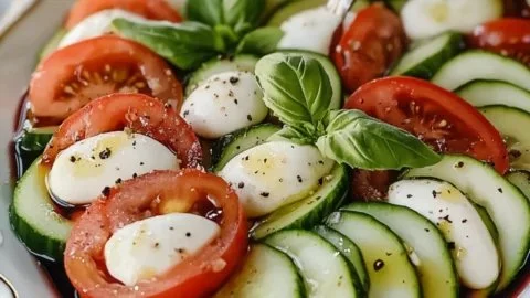 Refreshing cucumber caprese salad with mozzarella and basil for summer meals.