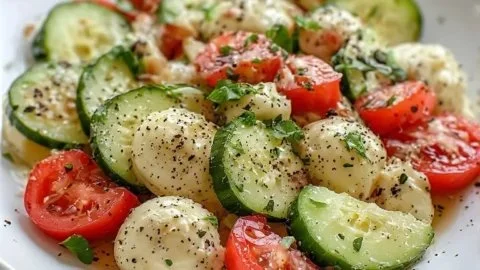 Easy Cucumber Caprese Salad with fresh cucumbers, tomatoes, and mozzarella.