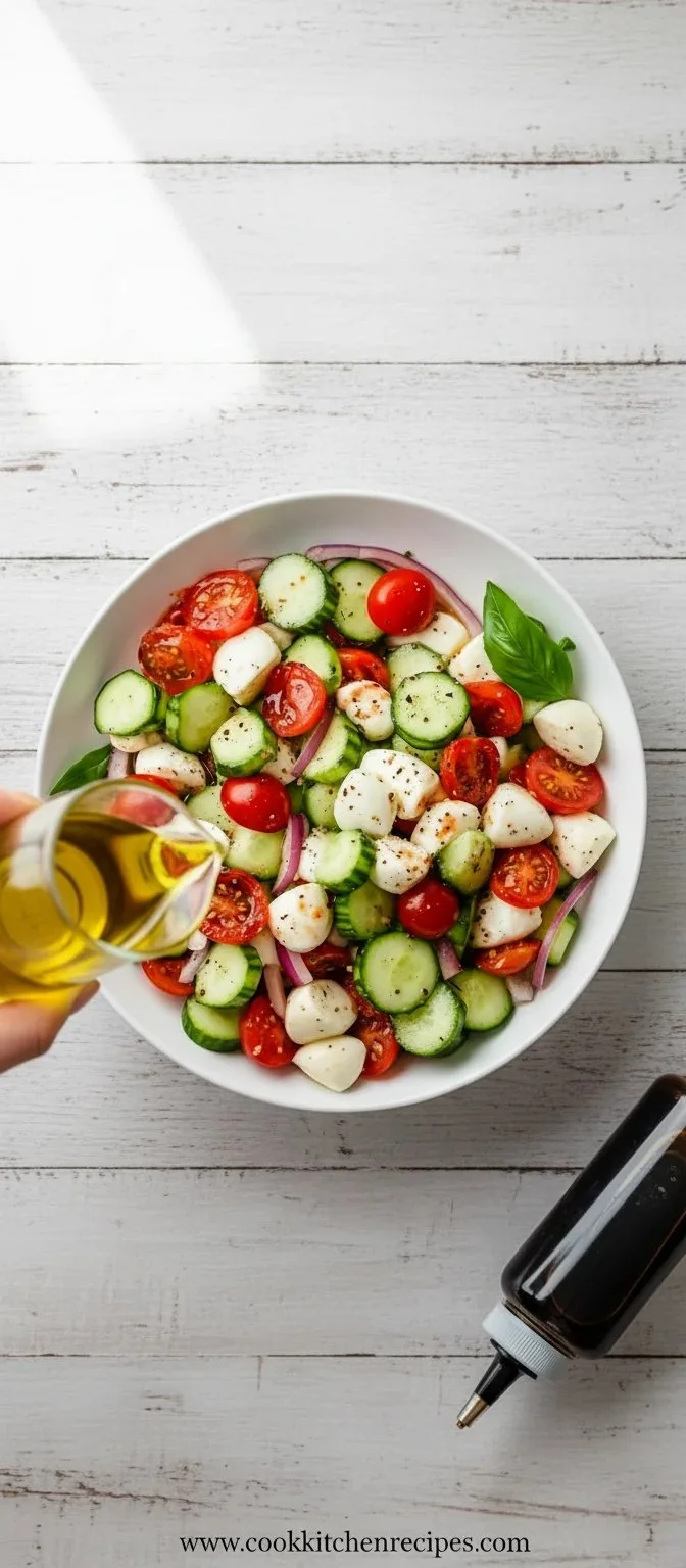 Quick and easy Cucumber Caprese Salad topped with fresh basil and mozzarella