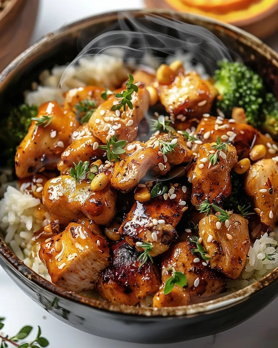Bowl of easy hot honey chicken with fresh vegetables and rice