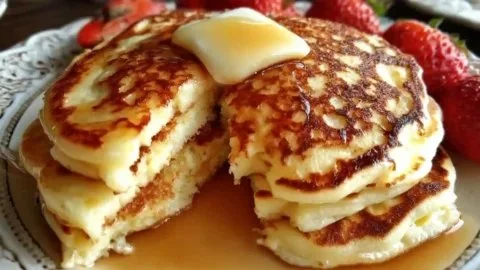 Fluffy flourless cottage cheese pancakes served on a plate