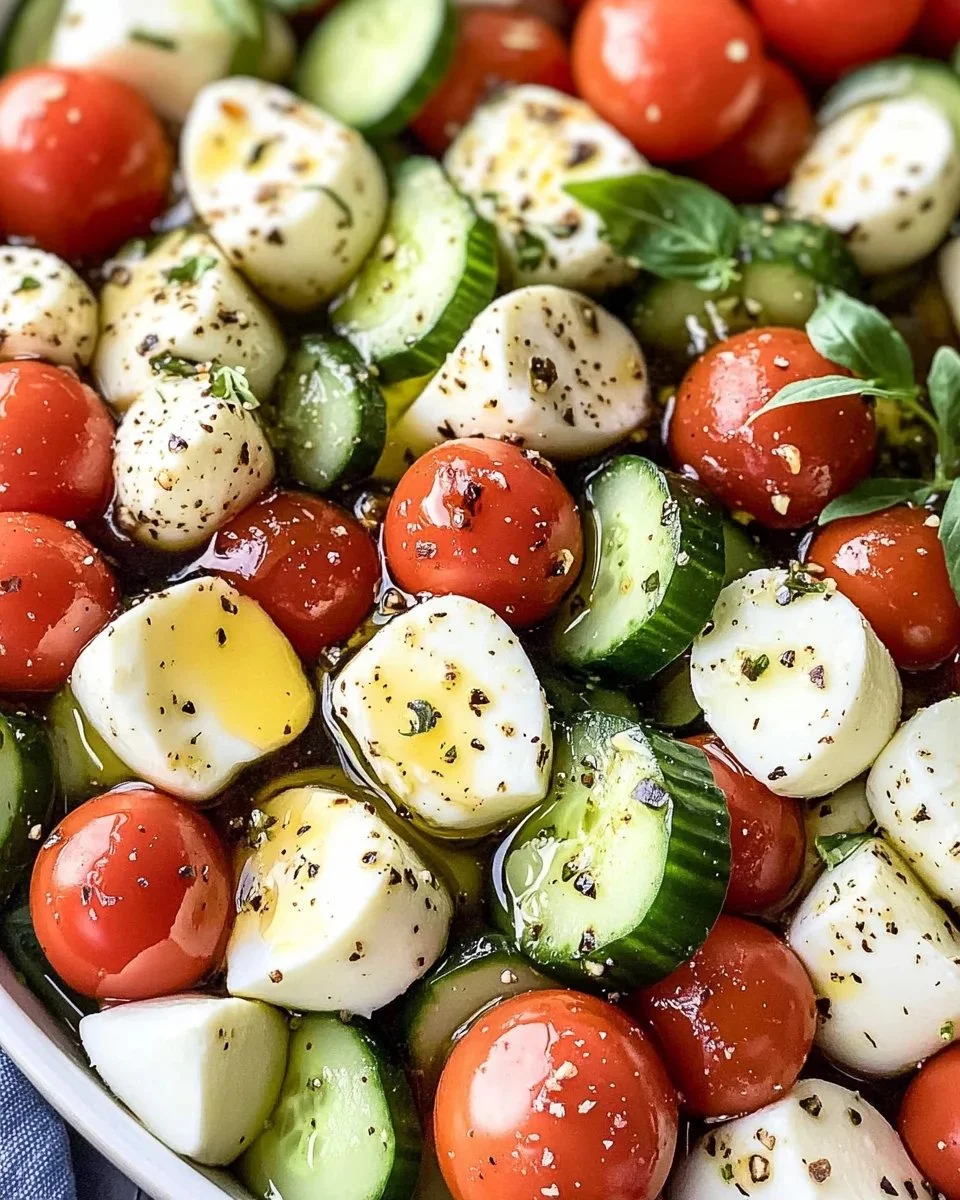 Fresh Cucumber Caprese Salad with mozzarella, basil, and ripe tomatoes