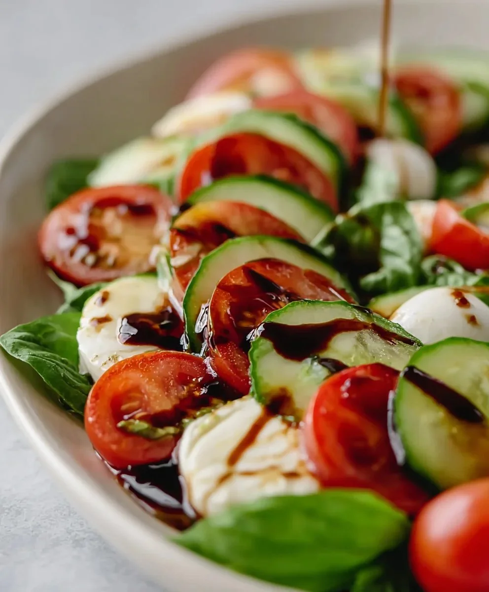 Fresh Cucumber Caprese Salad with basil and mozzarella