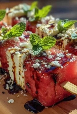 Grilled watermelon feta skewers with basil balsamic drizzle on a platter.