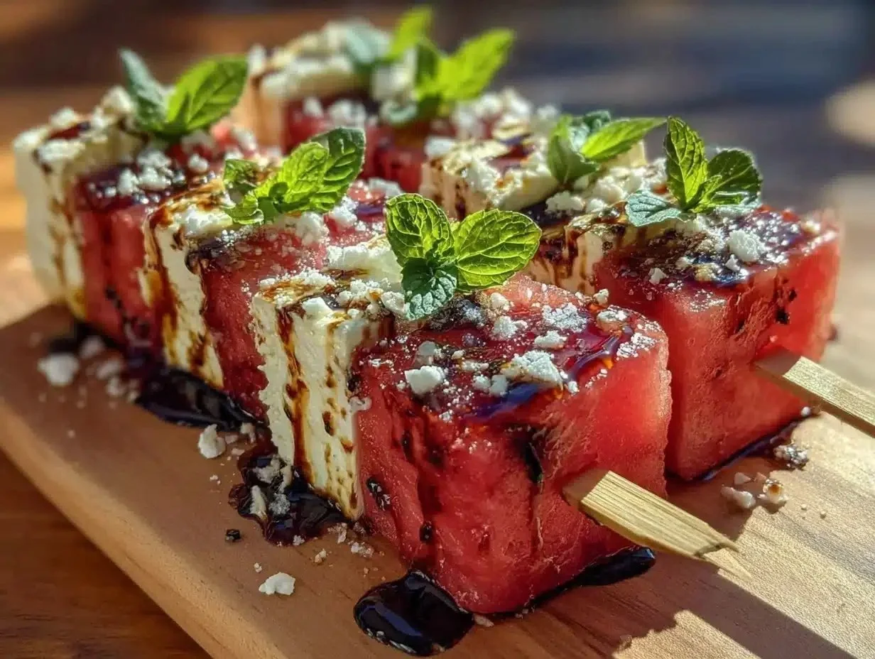 Grilled watermelon feta skewers with basil balsamic drizzle on a platter.