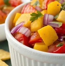 Bowl of fresh mango peach salsa with vibrant colors and texture