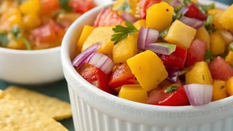 Bowl of fresh mango peach salsa with vibrant colors and texture