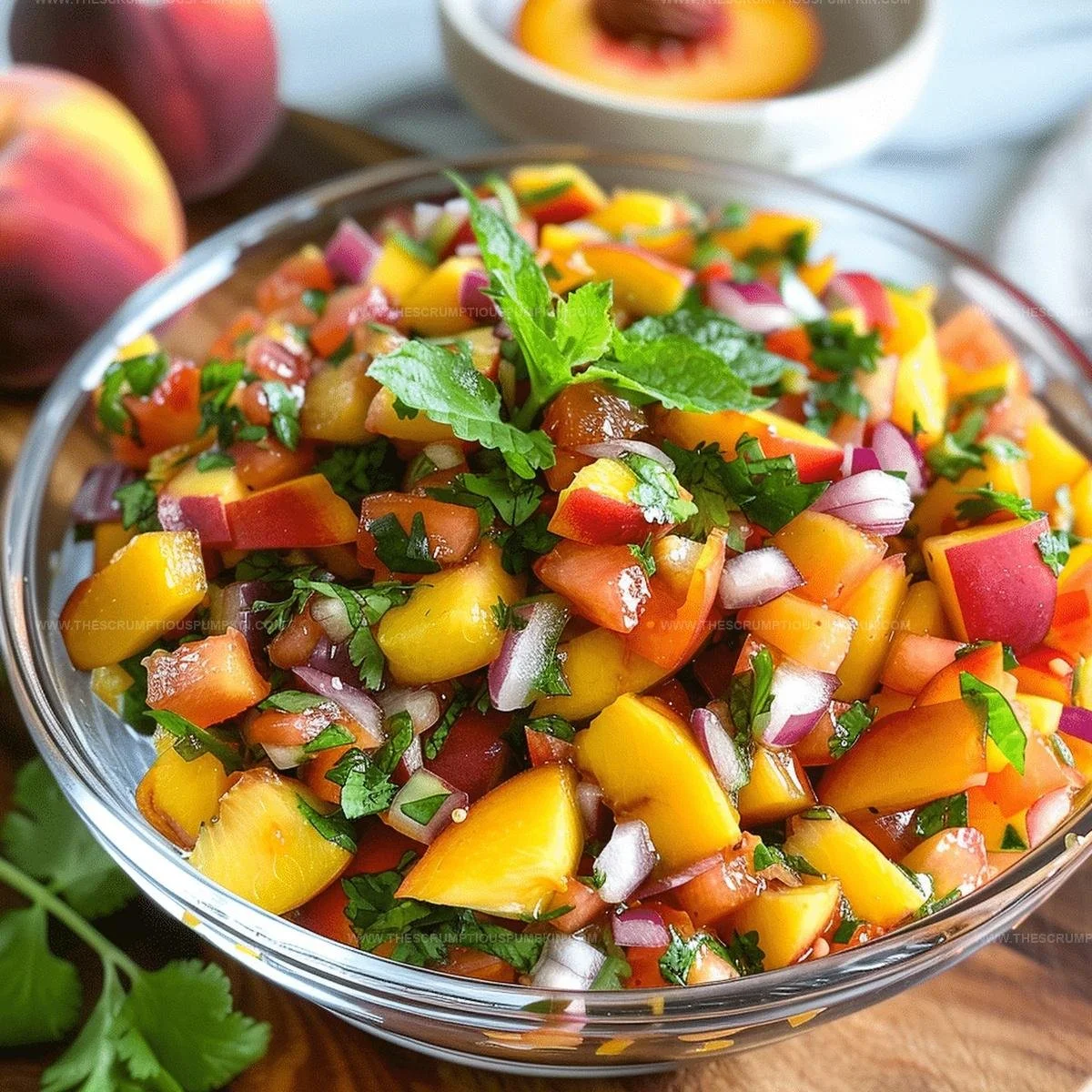 Fresh peach salsa recipe with vibrant ingredients in a bowl