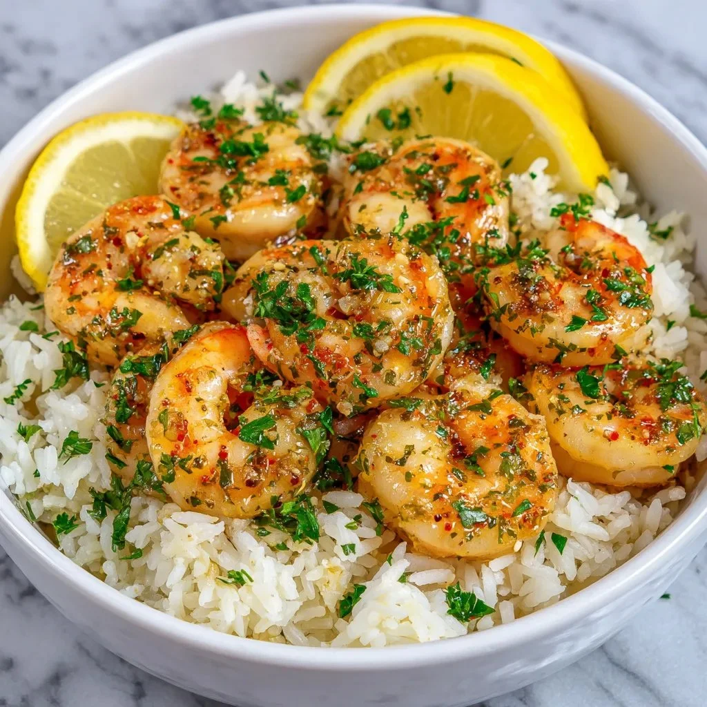Delicious garlic butter shrimp rice served in a bowl with herbs and lemon.