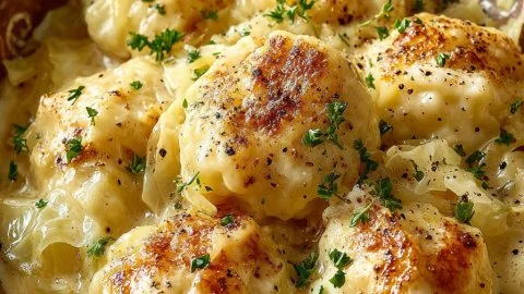 A plate of German cabbage and dumplings served with herbs and spices.
