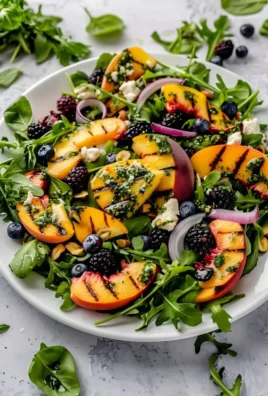 Delicious grilled peach salad with fresh greens and vibrant toppings