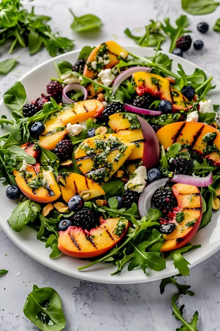 Delicious grilled peach salad with fresh greens and vibrant toppings