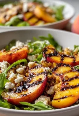 Grilled peach salad with fresh greens and a tangy dressing