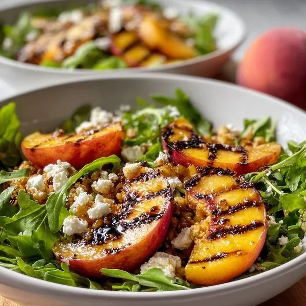Grilled peach salad with fresh greens and a tangy dressing