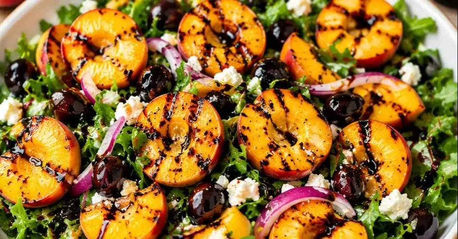 Delicious grilled peach salad with fresh greens and summer ingredients