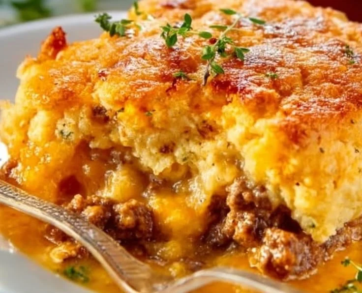Delicious ground beef casserole topped with cheese and herbs in a baking dish